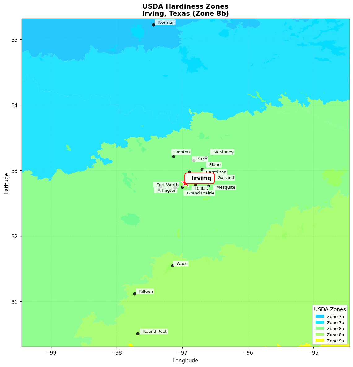 USDA Hardiness Zone 8b Map for Irving, TX