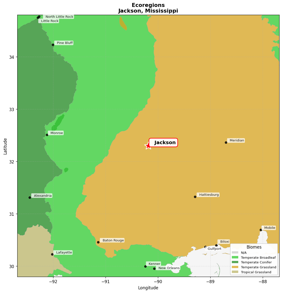 Southeast US conifer savannas Ecoregion Map for Jackson, MS