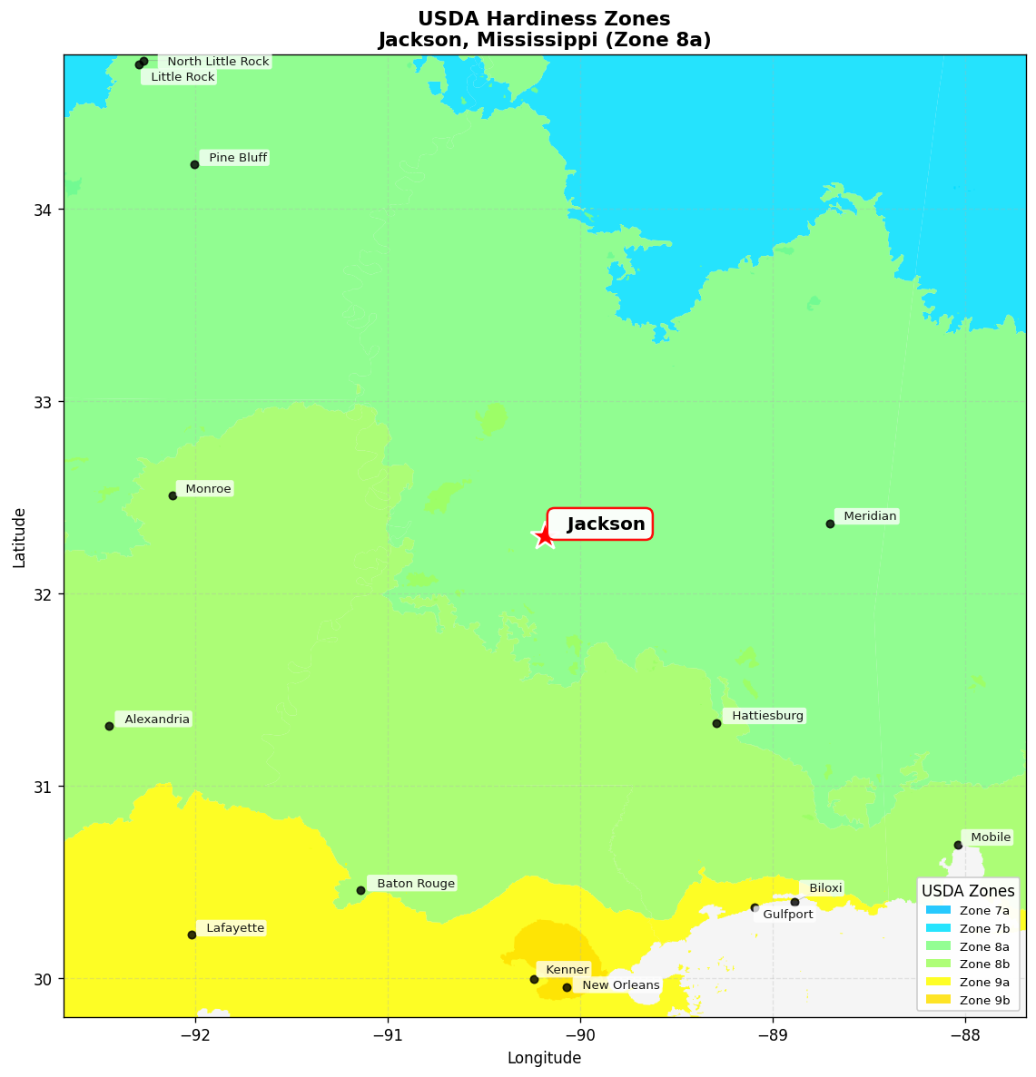 USDA Hardiness Zone 8a Map for Jackson, MS