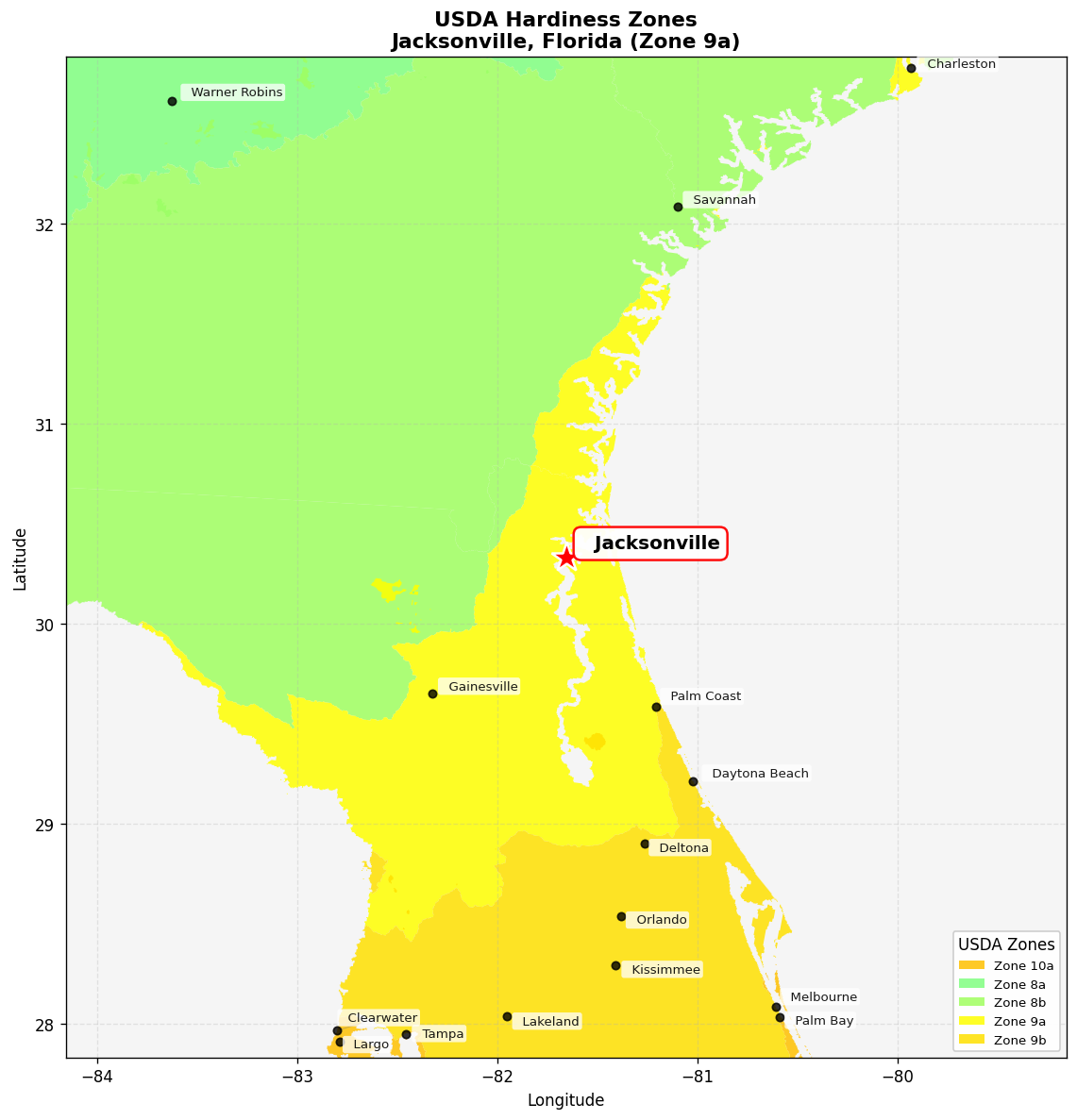 USDA Hardiness Zone Map for Jacksonville, FL