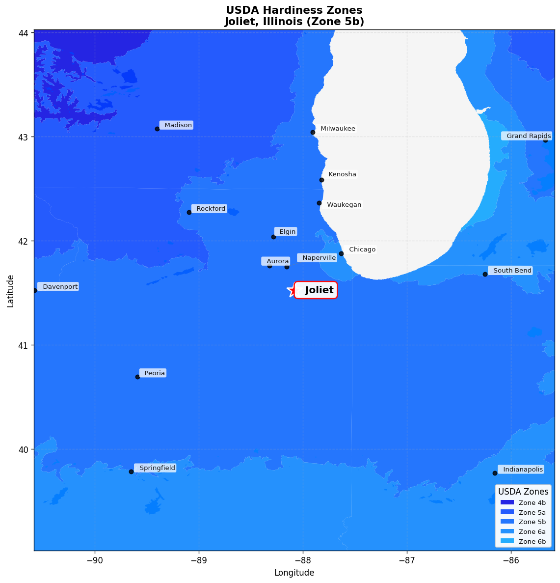 USDA Hardiness Zone 5b Map for Joliet, IL