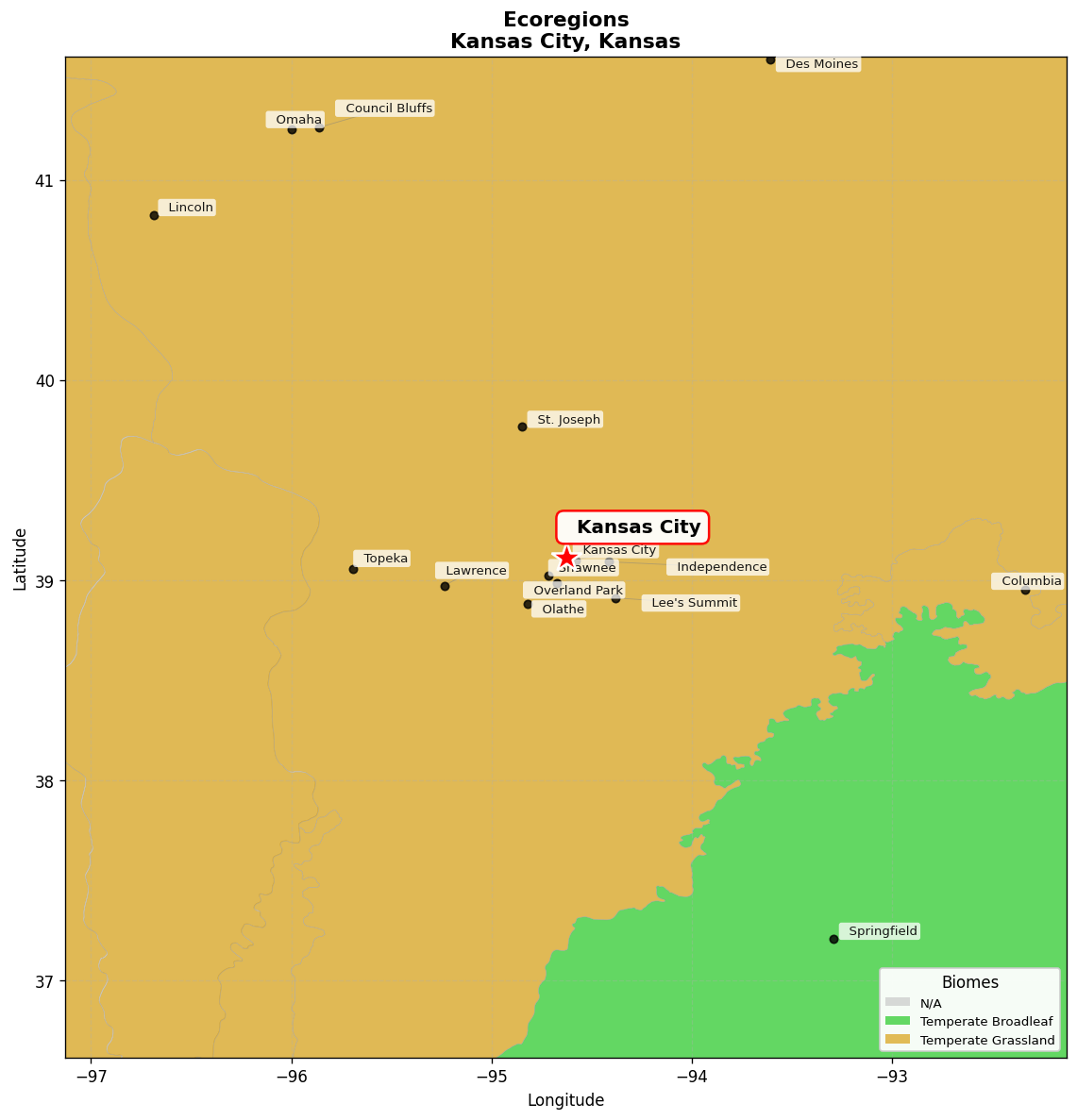 Central Tallgrass prairie Ecoregion Map for Kansas City, KS