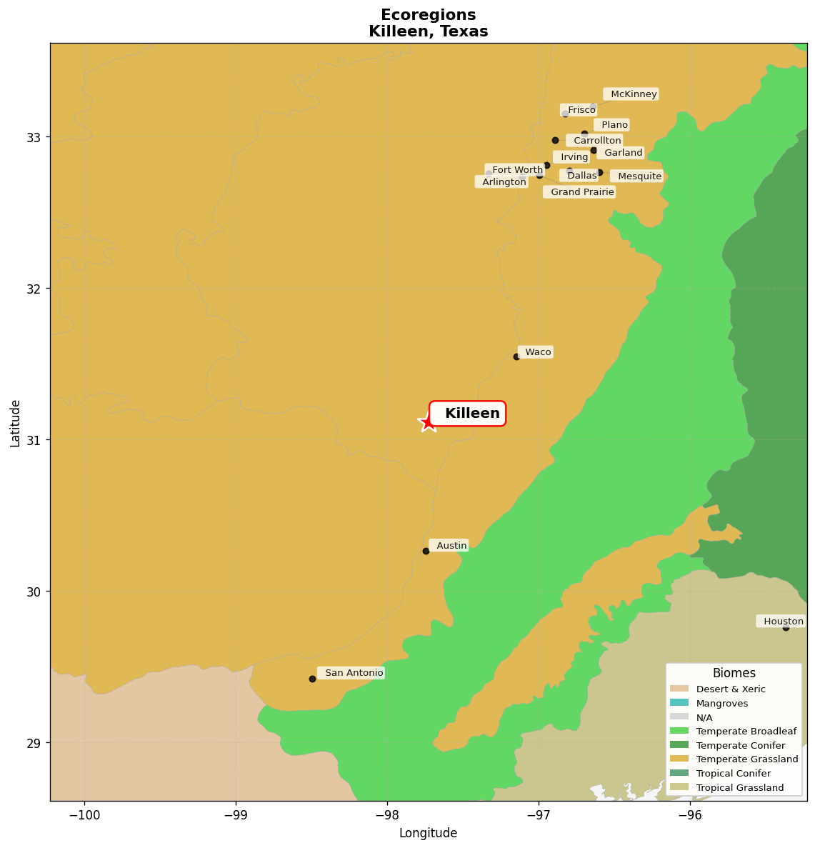 Cross-Timbers savanna-woodland Ecoregion Map for Killeen, TX