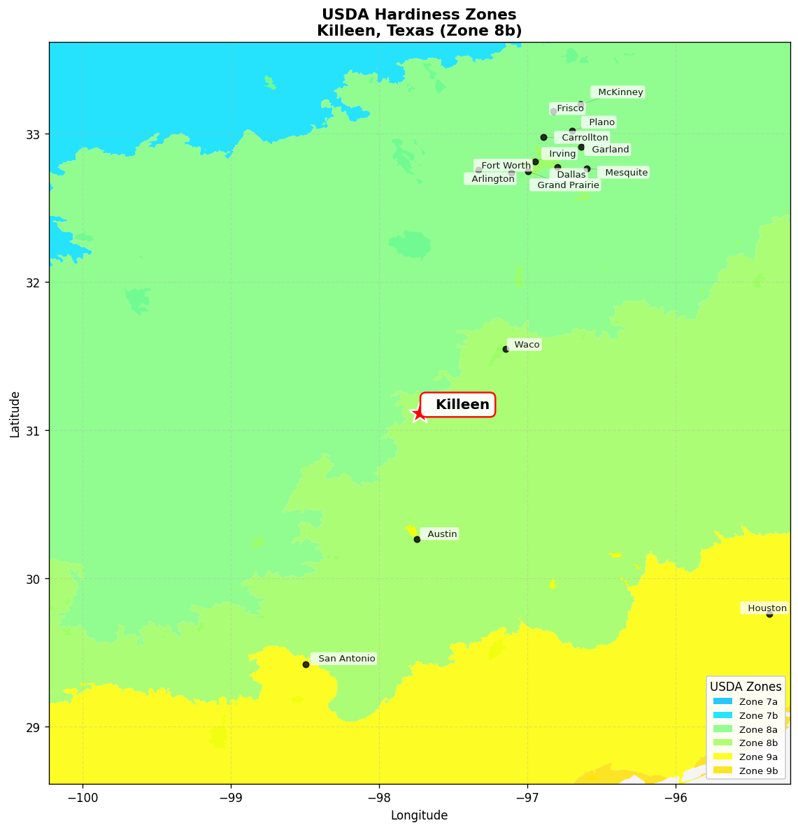 USDA Hardiness Zone 8b Map for Killeen, TX