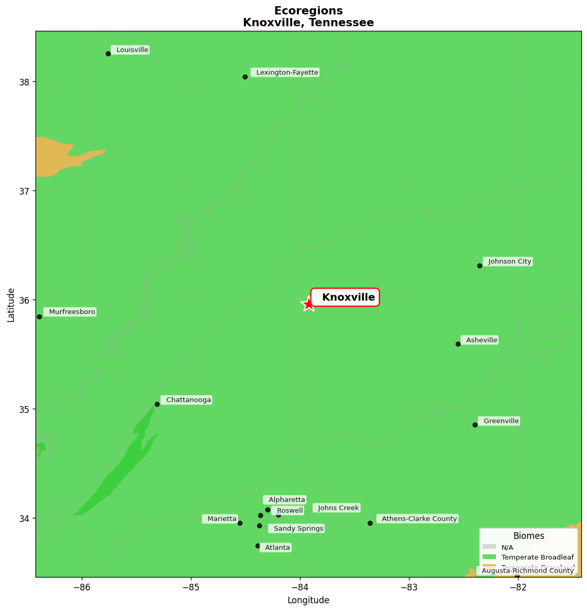 Appalachian-Blue Ridge forests Ecoregion Map for Knoxville, TN