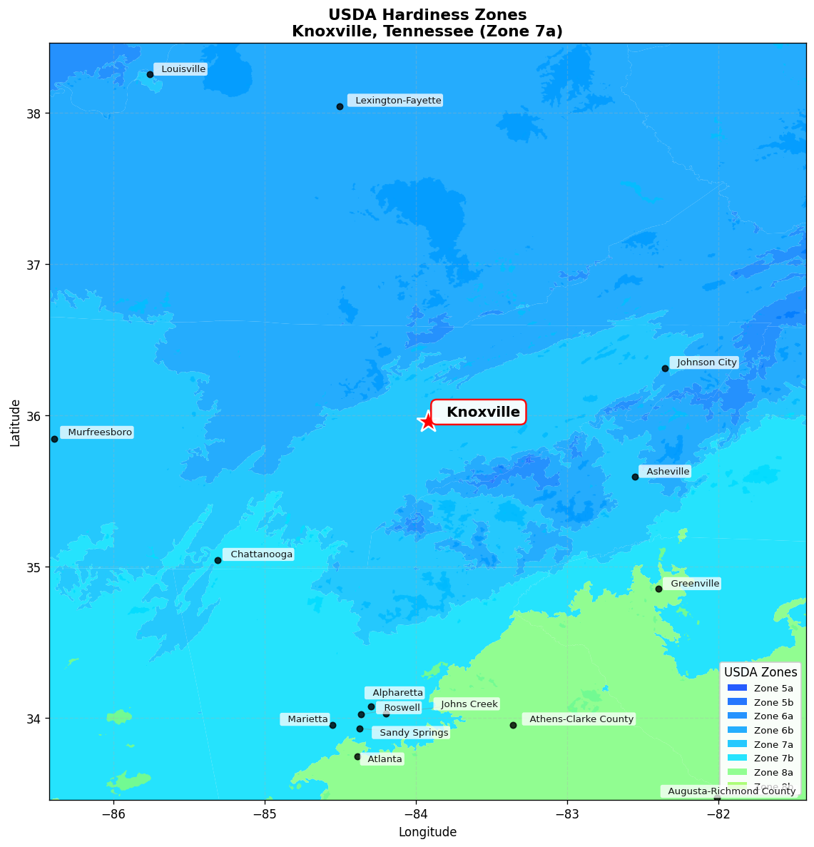 USDA Hardiness Zone 7a Map for Knoxville, TN