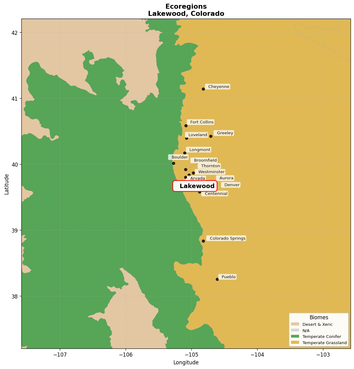 Western shortgrass prairie Ecoregion Map for Lakewood, CO