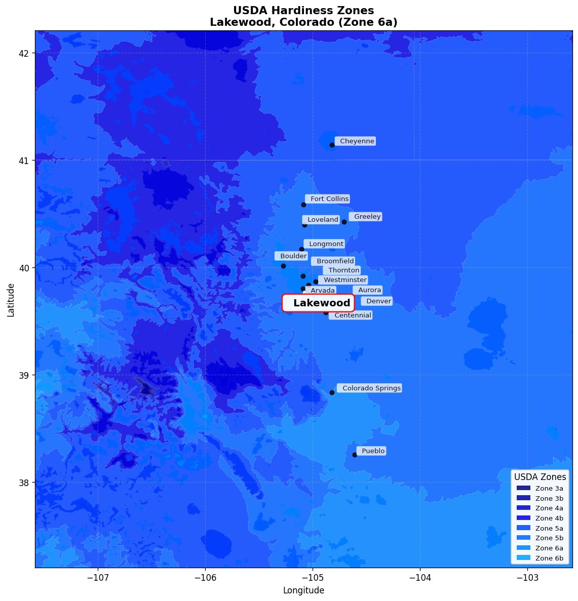 USDA Hardiness Zone 6a Map for Lakewood, CO