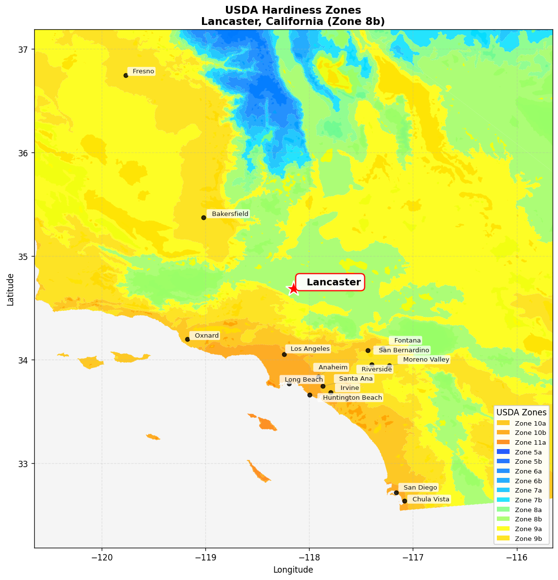 USDA Hardiness Zone 8b Map for Lancaster, CA