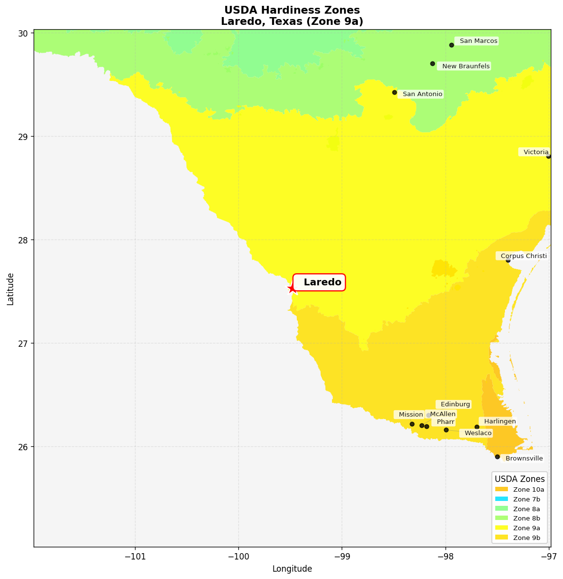 USDA Hardiness Zone 9a Map for Laredo, TX
