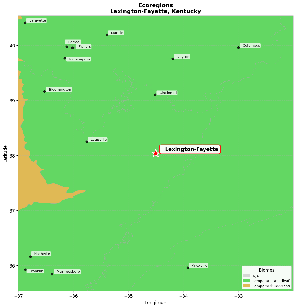 Interior Plateau US Hardwood Forests Ecoregion Map for Lexington-Fayette, KY
