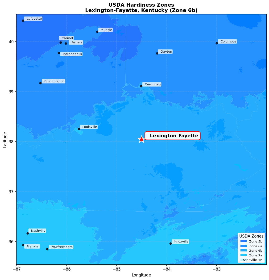USDA Hardiness Zone 6b Map for Lexington-Fayette, KY