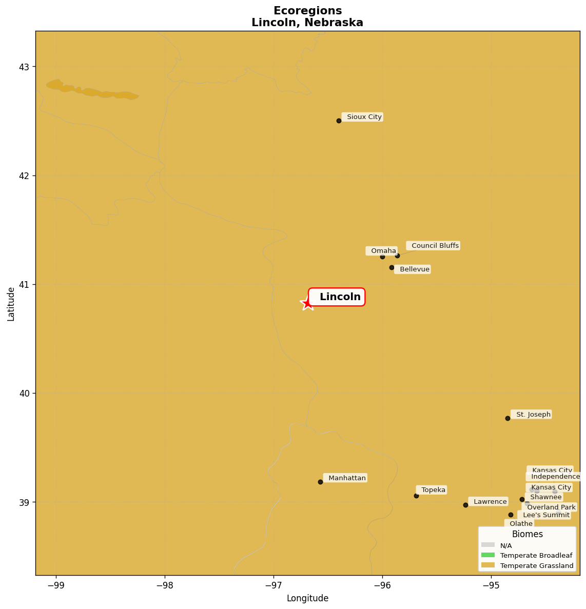 Central Tallgrass prairie Ecoregion Map for Lincoln, NE