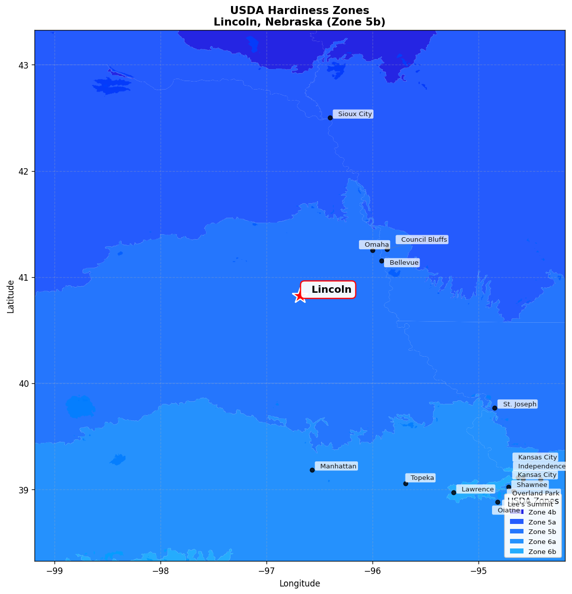 USDA Hardiness Zone 5b Map for Lincoln, NE