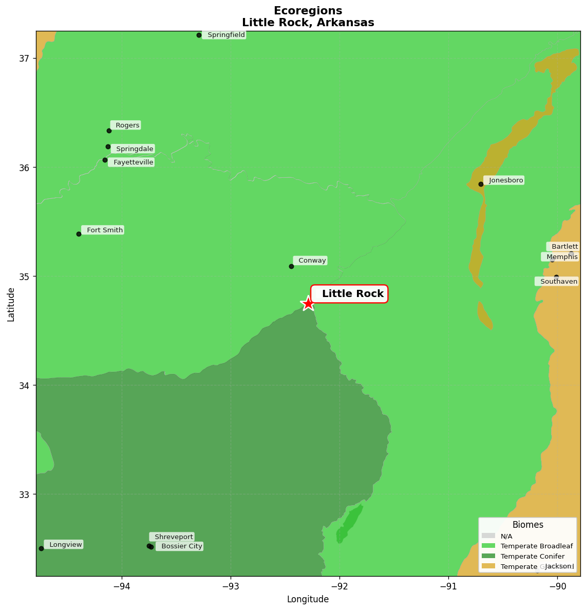 Ozark Mountain forests Ecoregion Map for Little Rock, AR