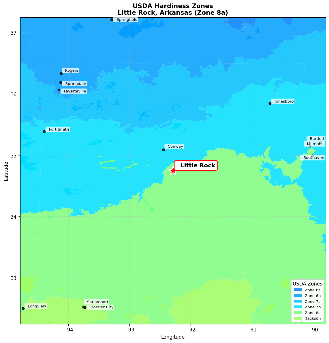 USDA Hardiness Zone 8a Map for Little Rock, AR