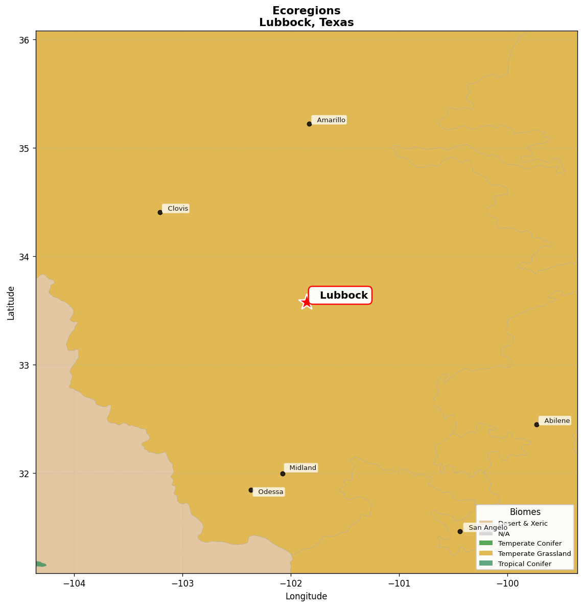 Western shortgrass prairie Ecoregion Map for Lubbock, TX