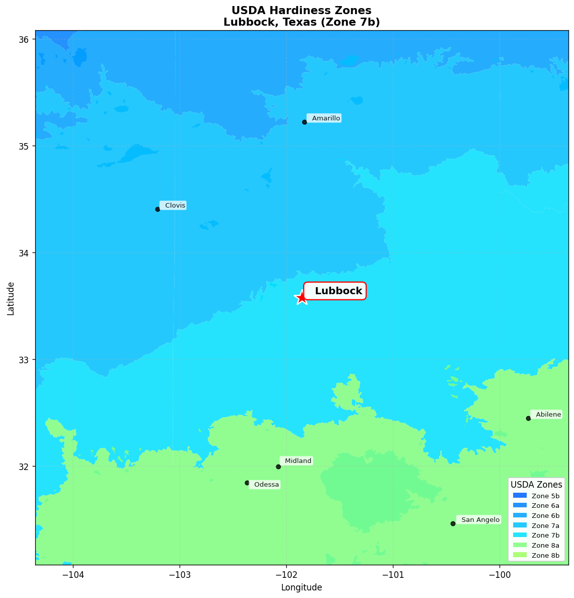 USDA Hardiness Zone 7b Map for Lubbock, TX