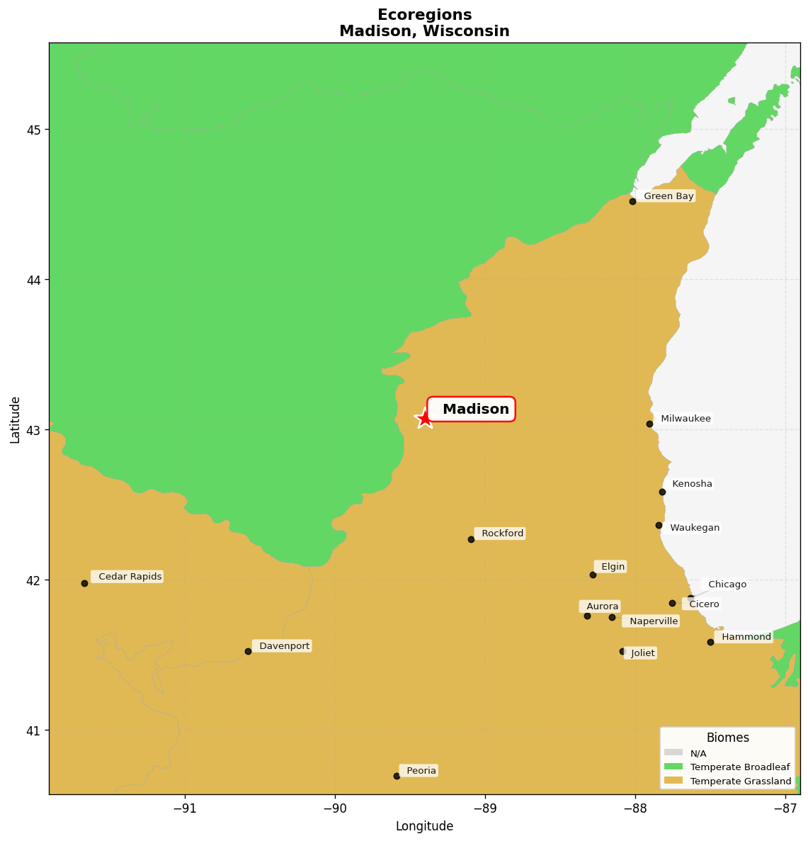 Central US forest-grasslands transition Ecoregion Map for Madison, WI