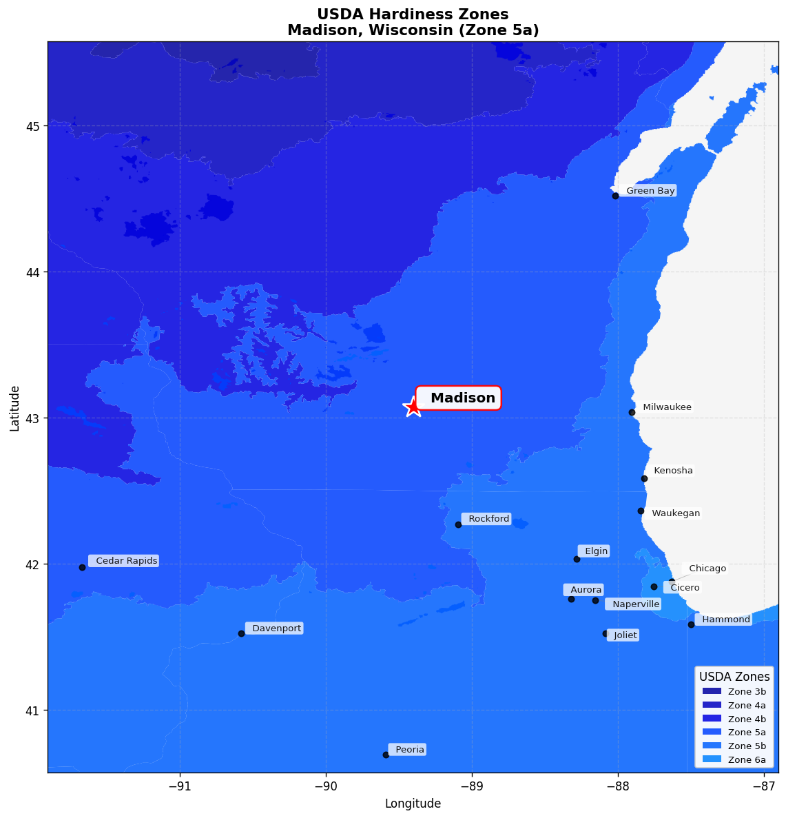USDA Hardiness Zone 5a Map for Madison, WI