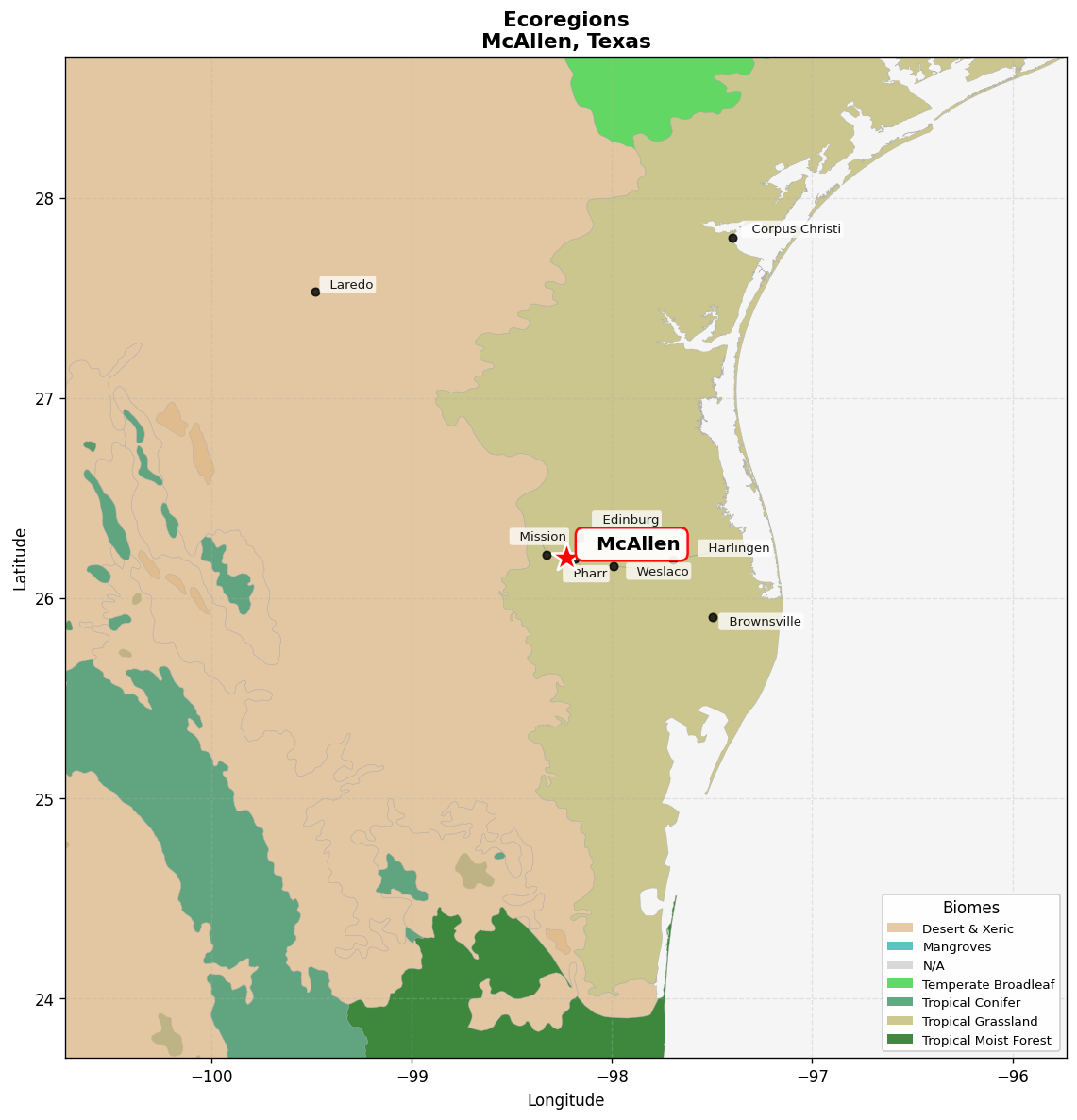 Western Gulf coastal grasslands Ecoregion Map for McAllen, TX