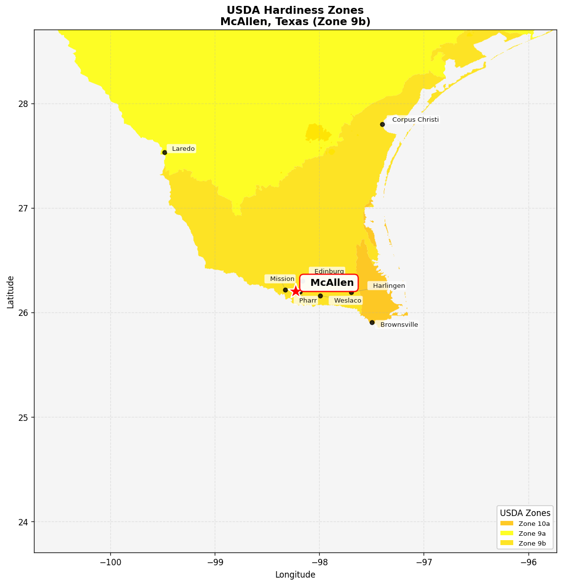 USDA Hardiness Zone 9b Map for McAllen, TX