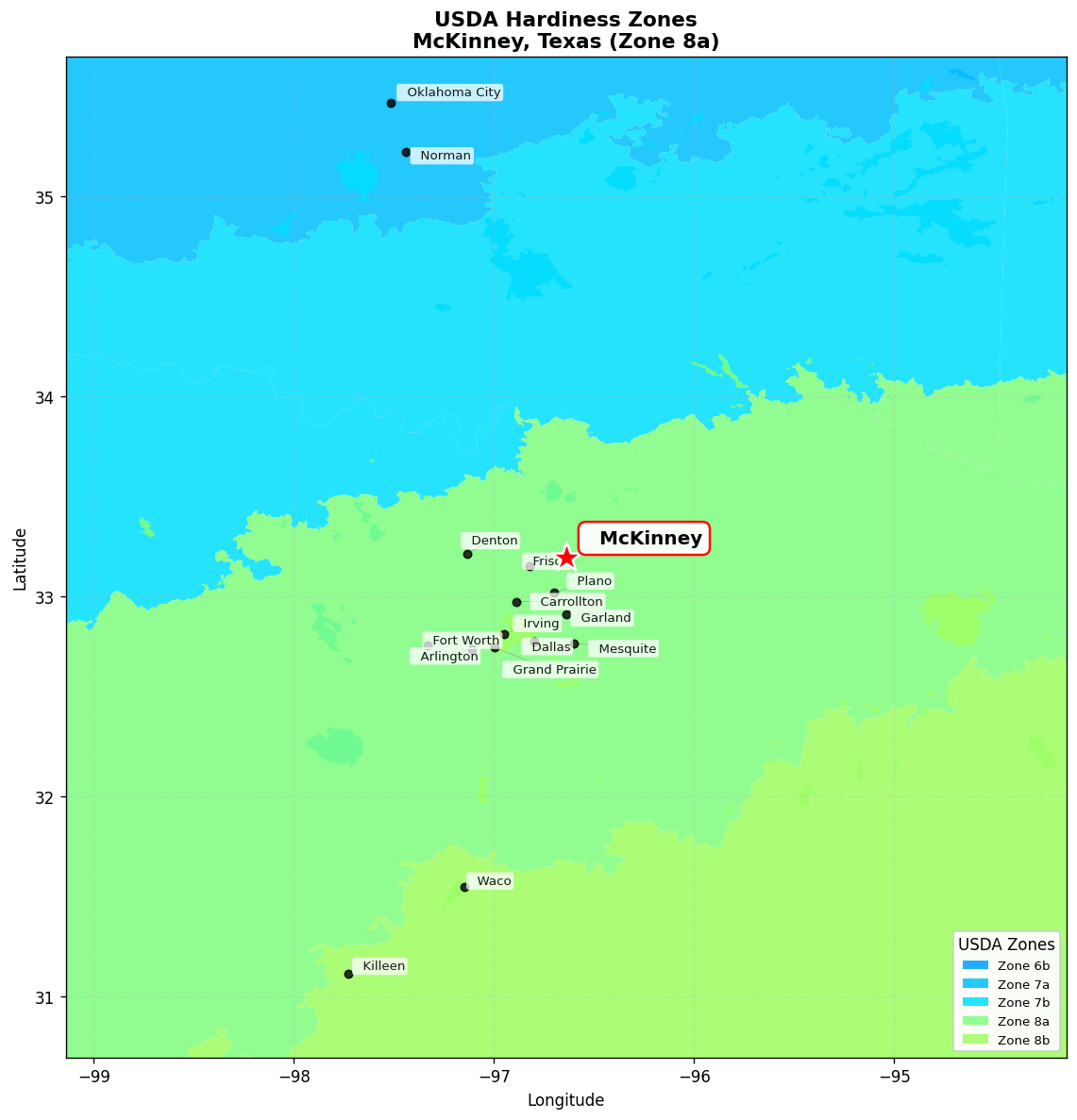 USDA Hardiness Zone 8a Map for McKinney, TX