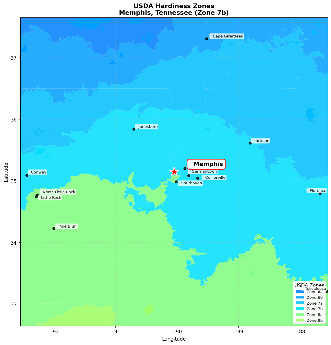 USDA Hardiness Zone Map for Memphis, TN
