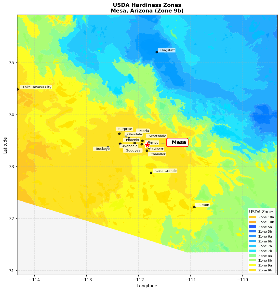 USDA Hardiness Zone Map for Mesa, AZ