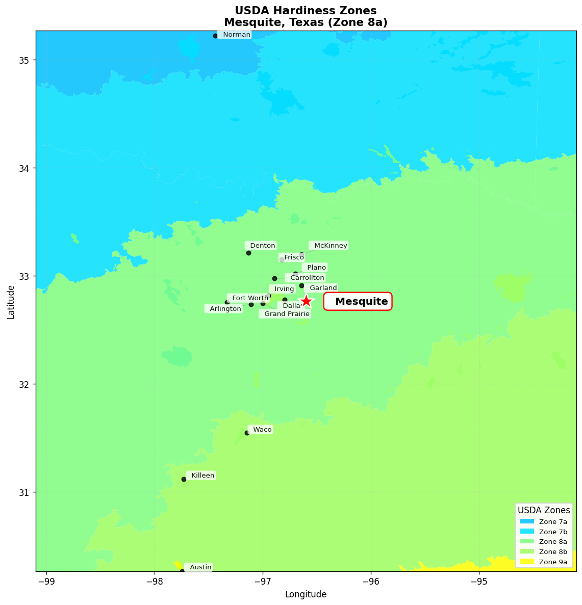 USDA Hardiness Zone 8a Map for Mesquite, TX
