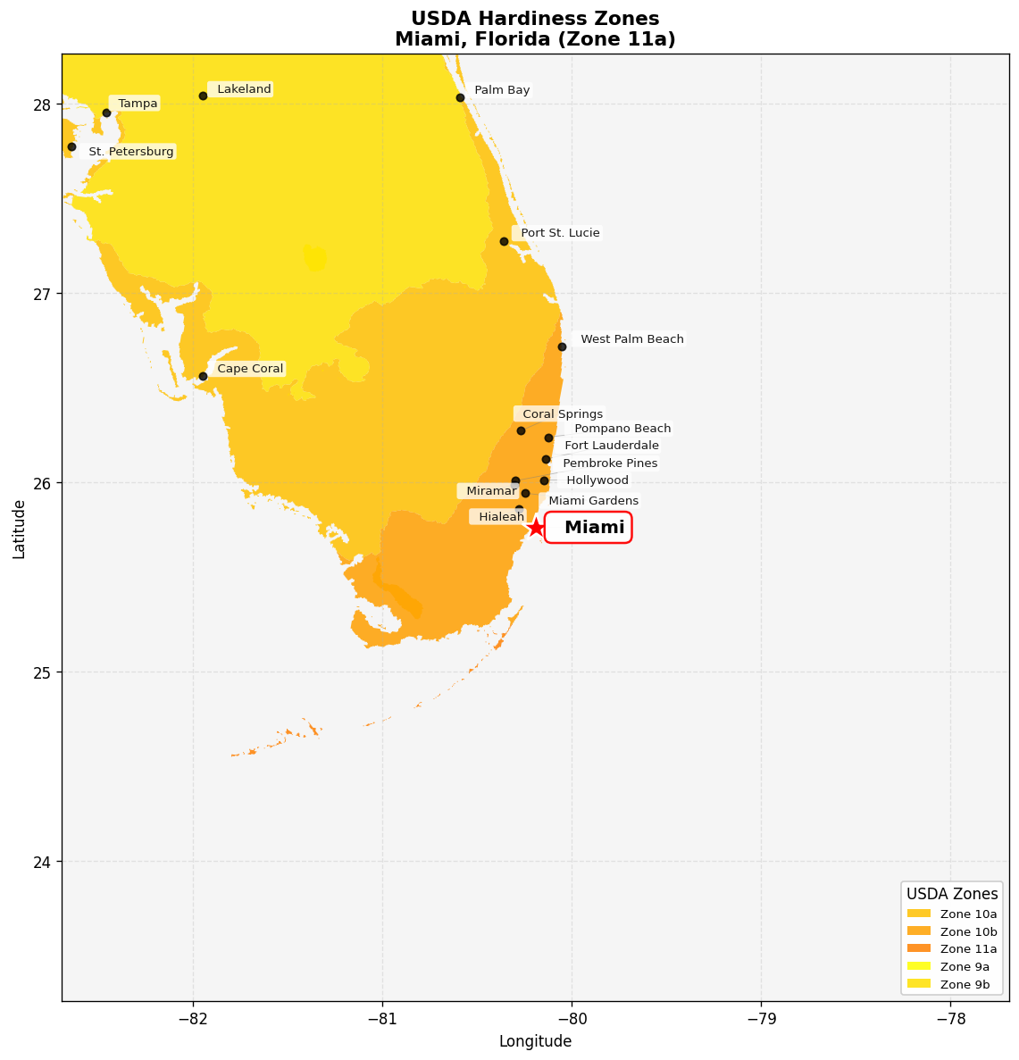 USDA Hardiness Zone Map for Miami, FL