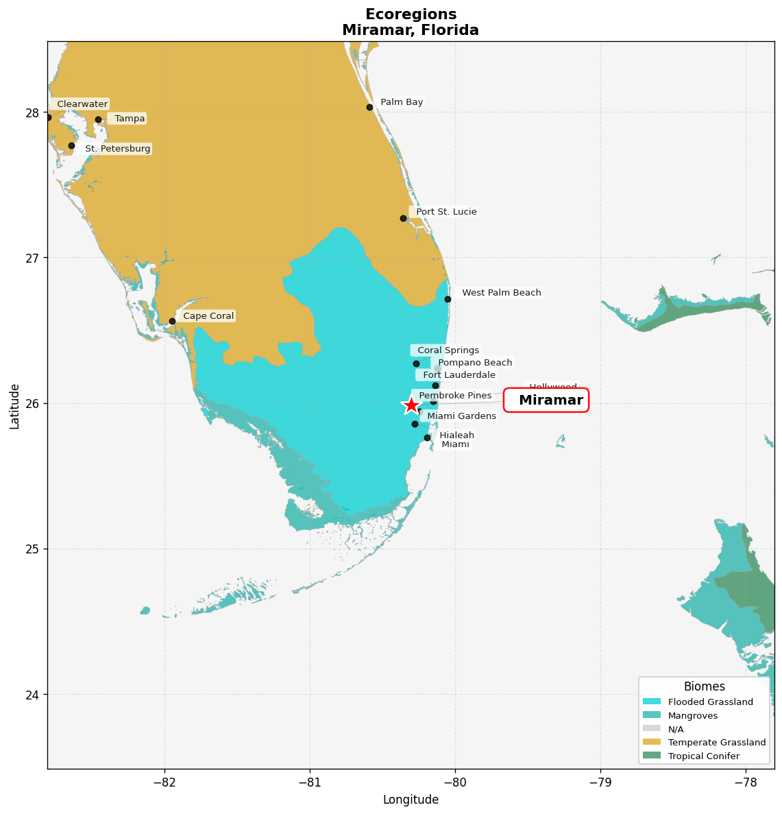 Everglades flooded grasslands Ecoregion Map for Miramar, FL