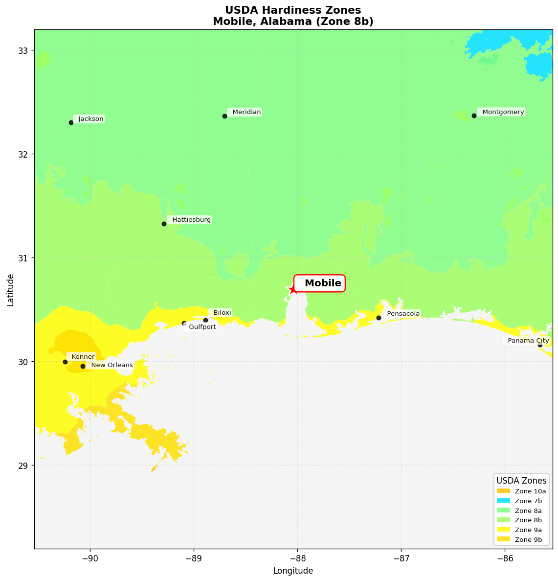 USDA Hardiness Zone 8b Map for Mobile, AL