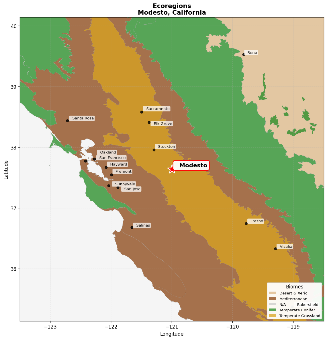 California Central Valley grasslands Ecoregion Map for Modesto, CA