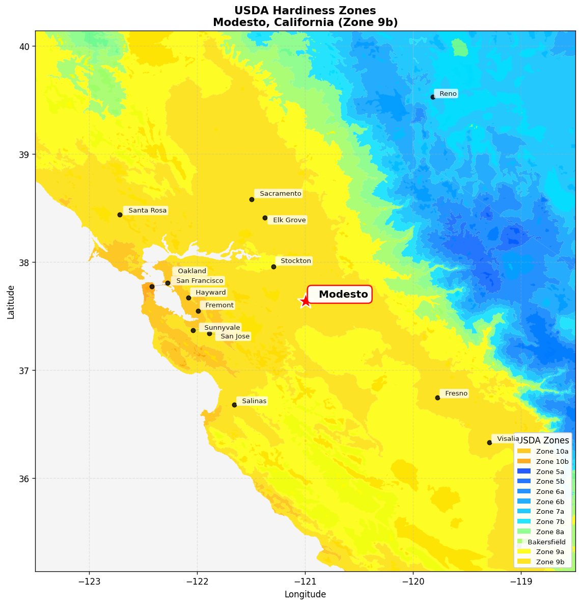 USDA Hardiness Zone 9b Map for Modesto, CA