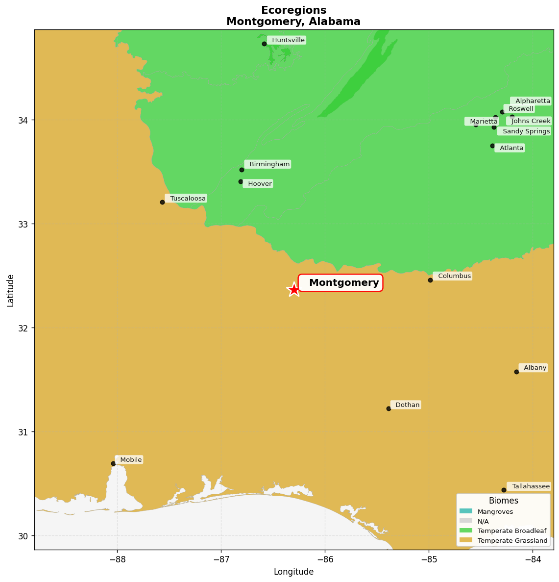 Southeast US conifer savannas Ecoregion Map for Montgomery, AL