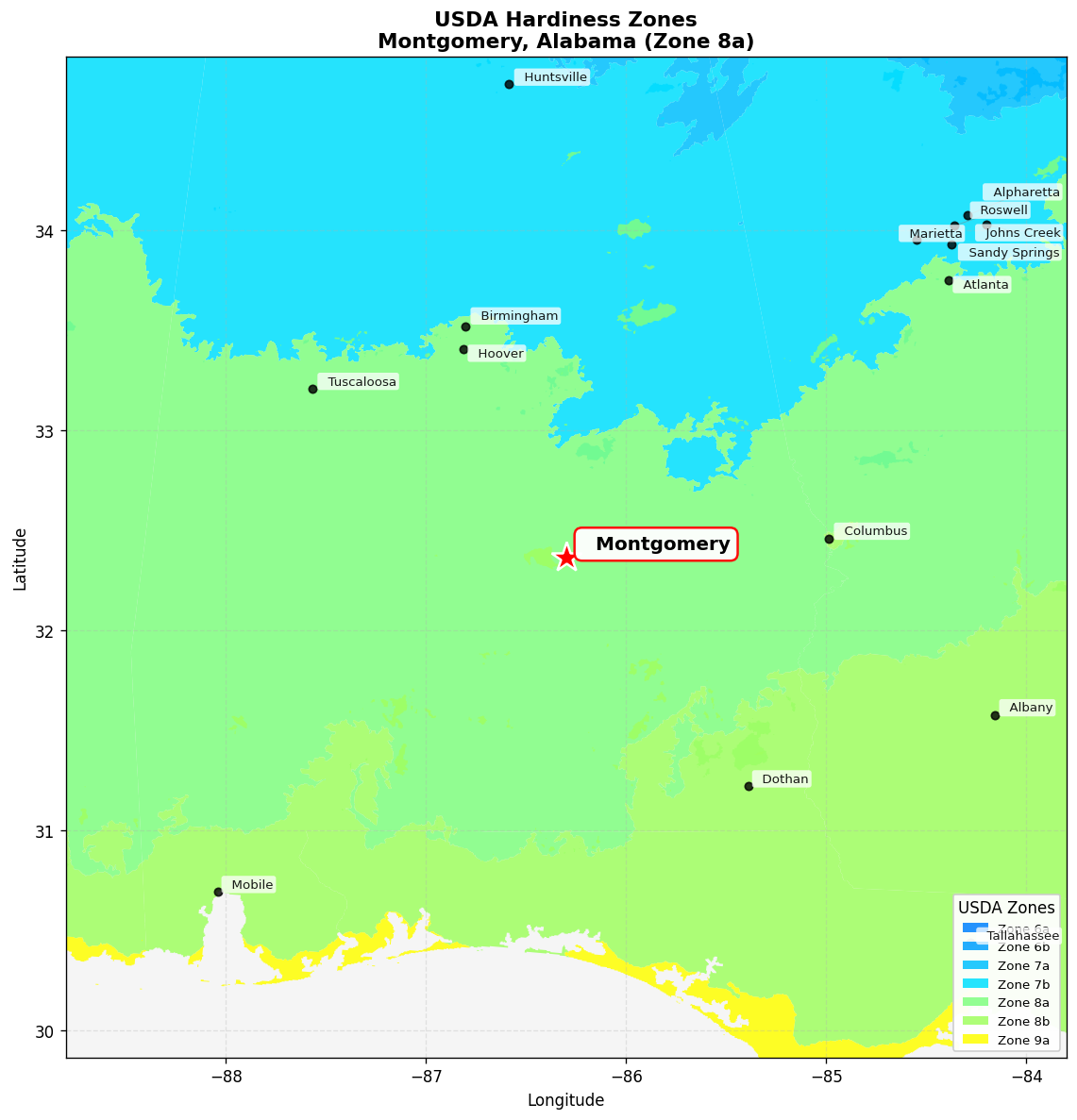 USDA Hardiness Zone 8a Map for Montgomery, AL