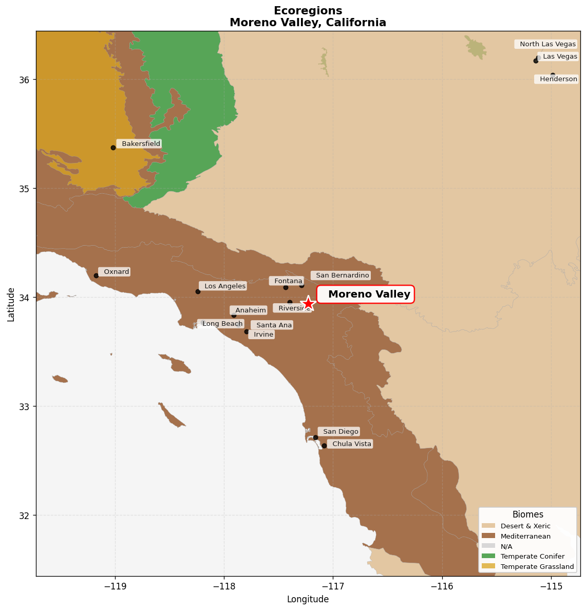 California coastal sage and chaparral Ecoregion Map for Moreno Valley, CA