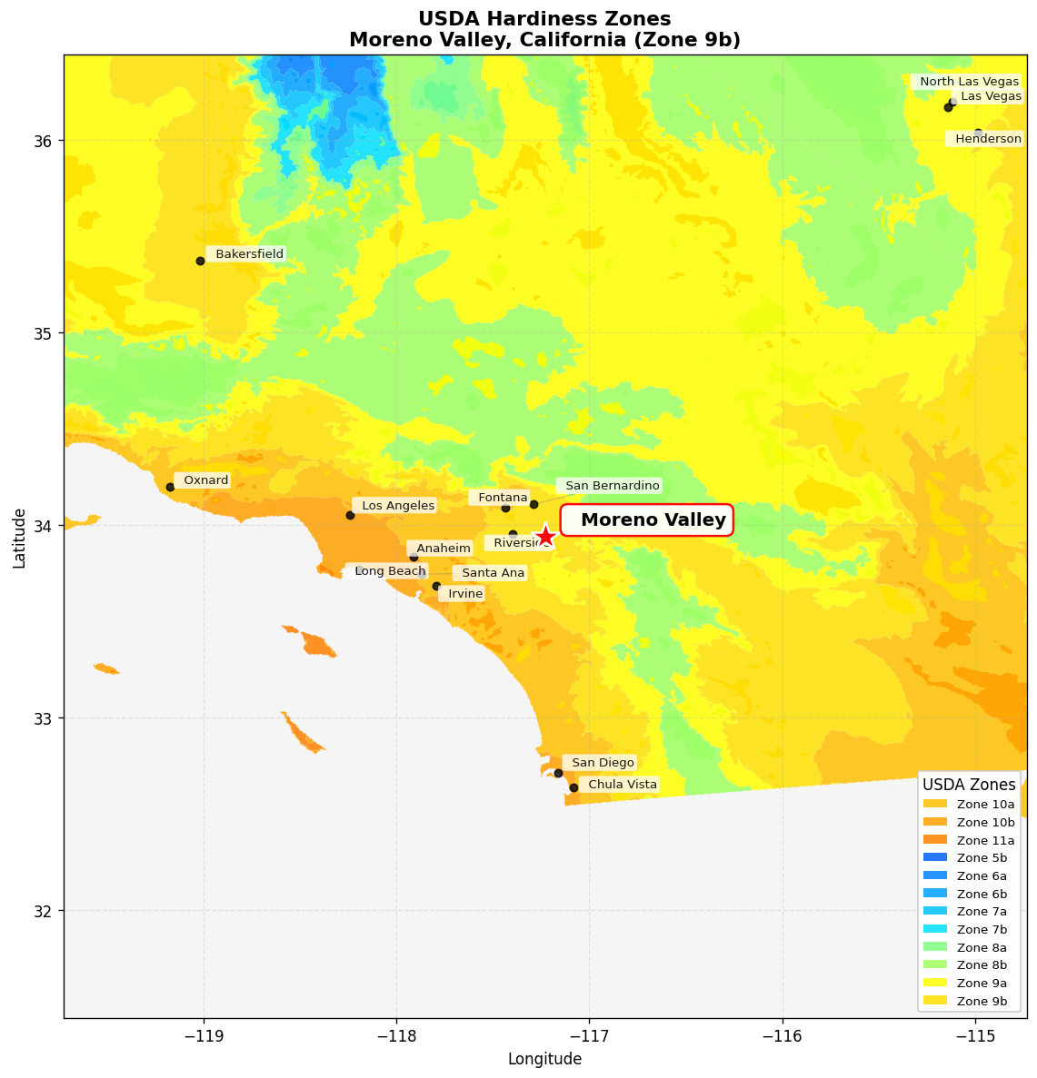 USDA Hardiness Zone 9b Map for Moreno Valley, CA