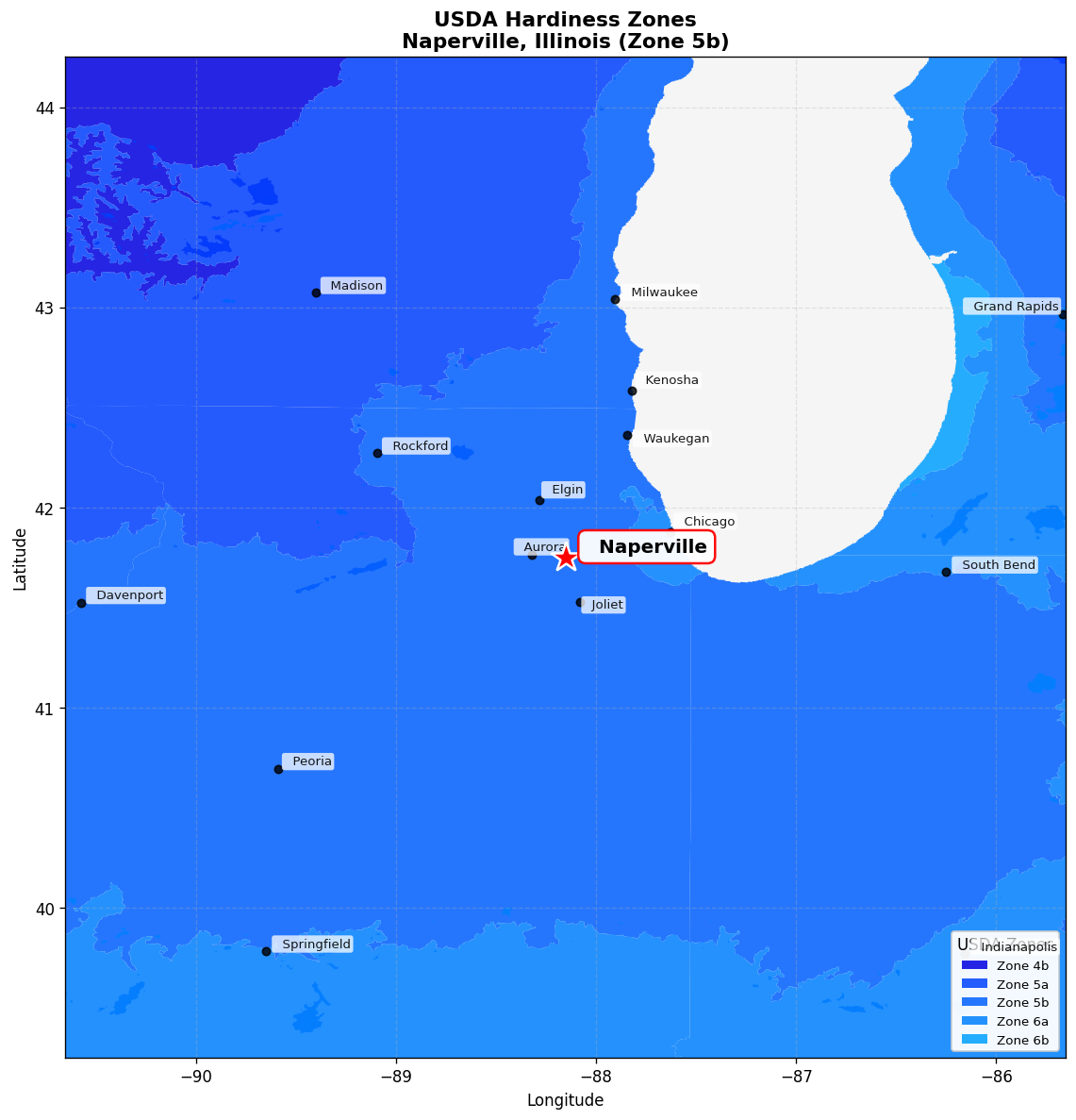 USDA Hardiness Zone 5b Map for Naperville, IL