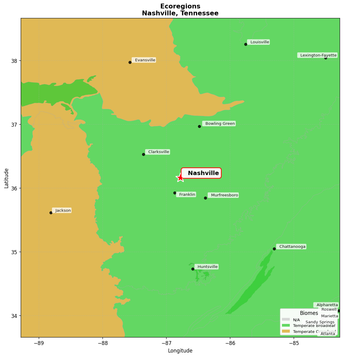 Ecoregion Map for Nashville, TN