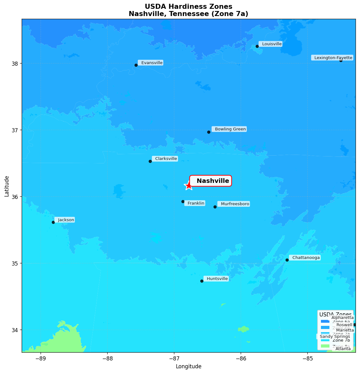USDA Hardiness Zone Map for Nashville, TN