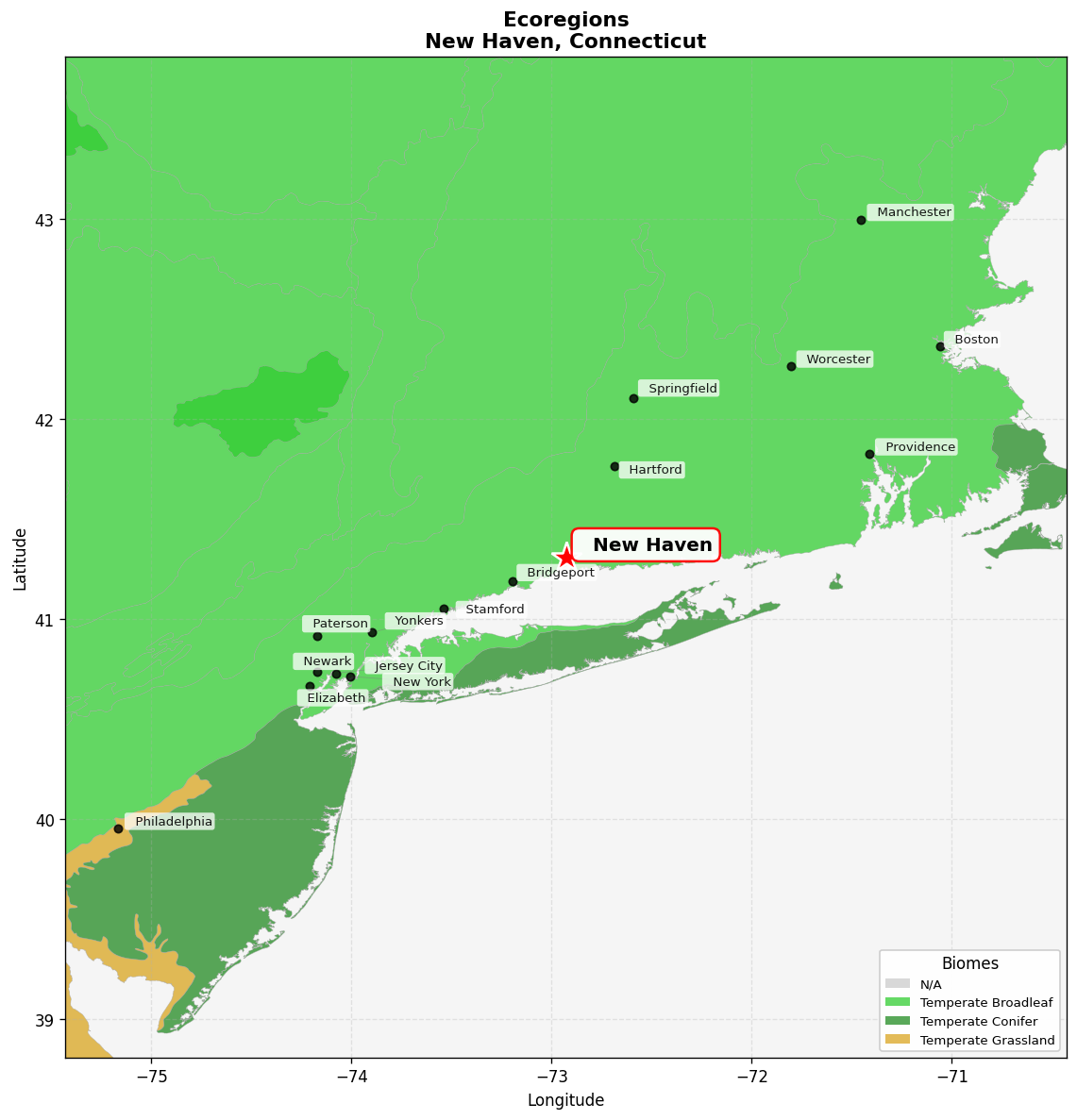 Northeast US Coastal forests Ecoregion Map for New Haven, CT