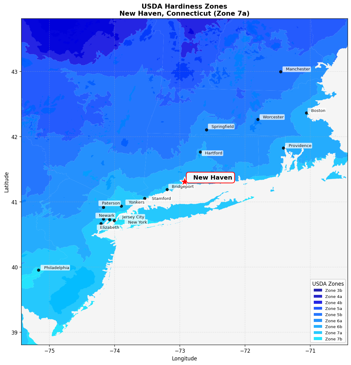 USDA Hardiness Zone 7a Map for New Haven, CT