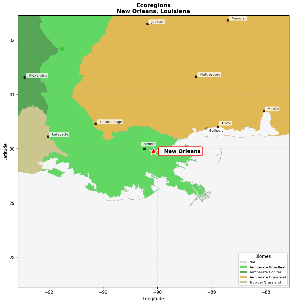 Mississippi lowland forests Ecoregion Map for New Orleans, LA