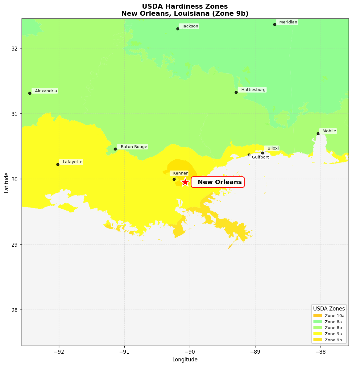 USDA Hardiness Zone 9b Map for New Orleans, LA