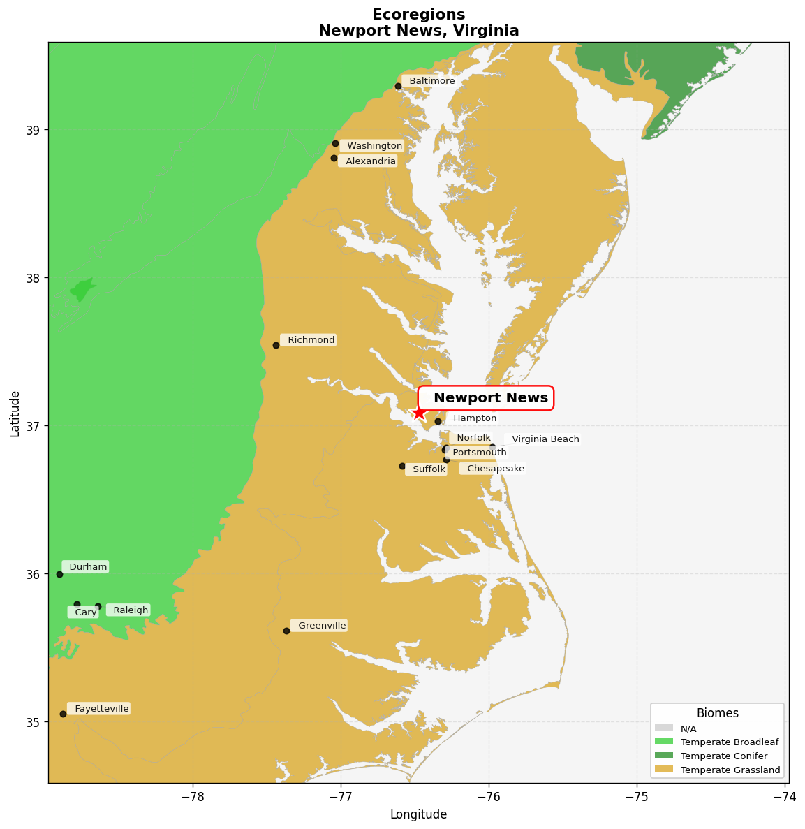Mid-Atlantic US coastal savannas Ecoregion Map for Newport News, VA