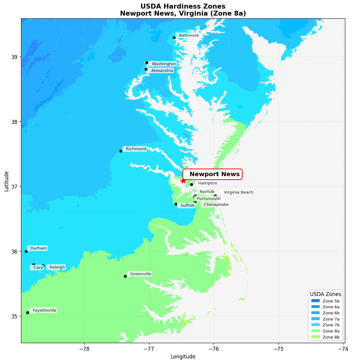 USDA Hardiness Zone 8a Map for Newport News, VA
