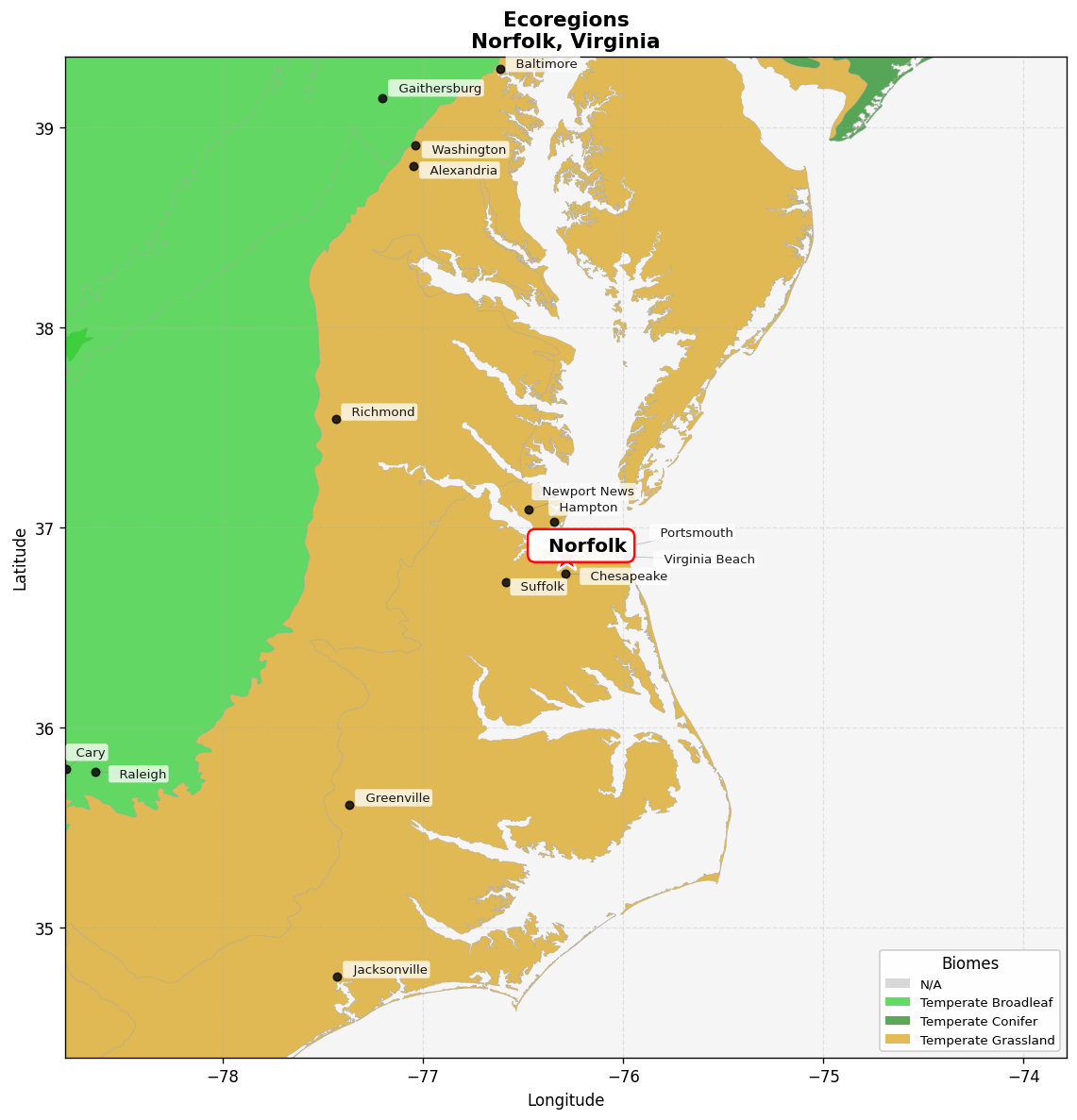 Mid-Atlantic US coastal savannas Ecoregion Map for Norfolk, VA