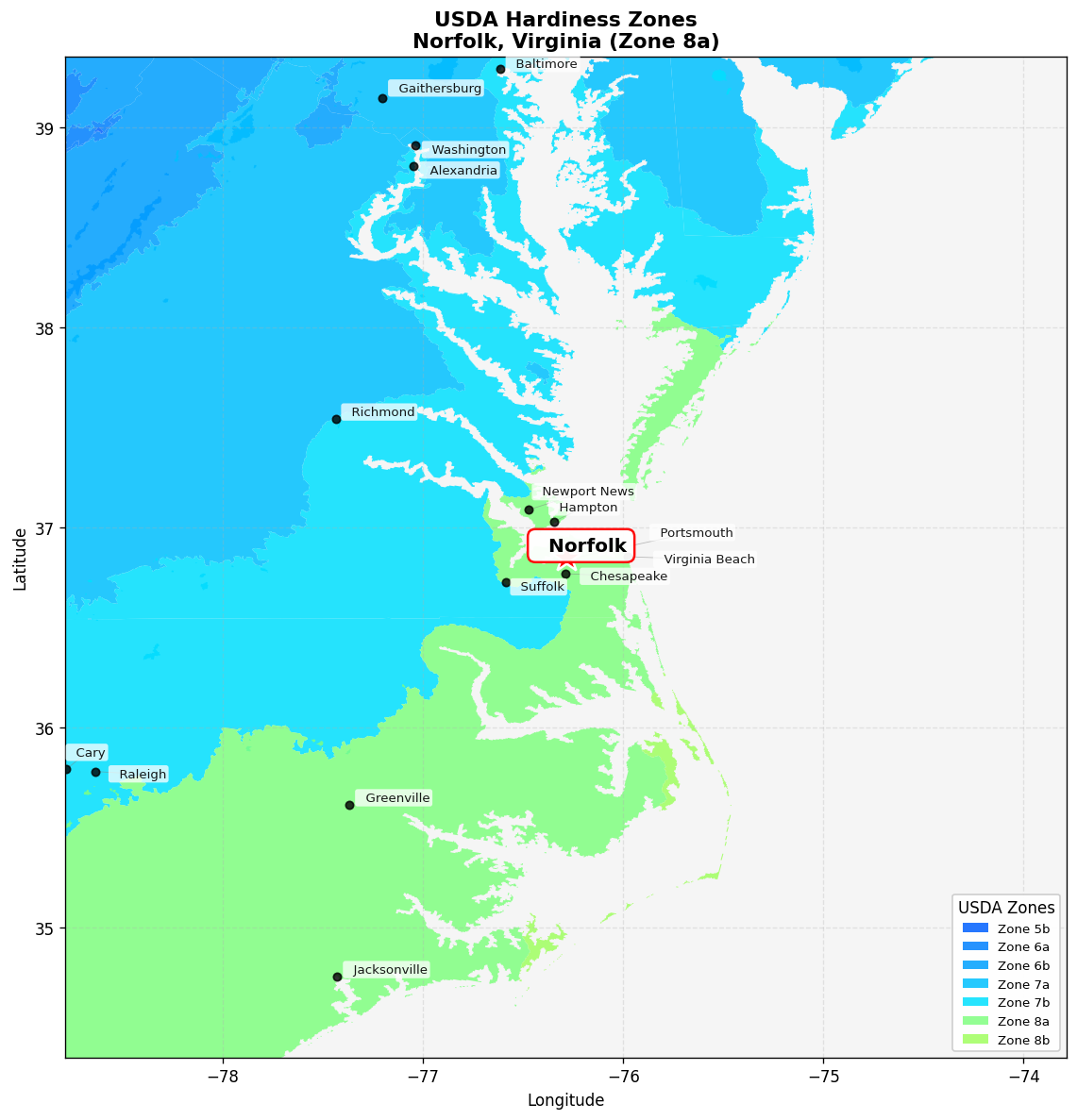 USDA Hardiness Zone 8a Map for Norfolk, VA